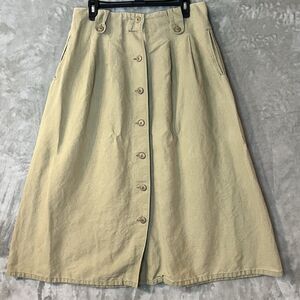 Rafaella Khaki Midi Skirt Womens 10 Linen Button Up Safari Belted Strech Waist
